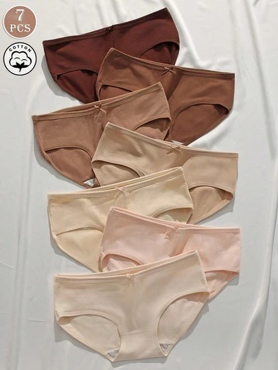 7 piezas/paquete Alegres bragas de algodón de cintura baja para mujeres, con decoración de lazos lindos, tipo hipster, elásticas y transpirables