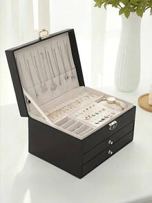 1pc Large-Capacity Three-Layer Jewelry Box,[US-Based Shipping]Pu Leather Multi-Functional Jewelry Box, Watch Box With Lock, 3-Layer Large Capacity Jewelry Storage Box, For Earrings, Rings, Watches, Bracelets And Other Accessories, Organizing And Storing, Festival Gift For Delicate Friends, Double-Deck Lockable Jewelry Storage Container For Necklaces And Accessory Organizing,Portable Jewelry Storage Box With Multiple Layers And Drawers,Dresser Jewelry Storage Box With Drawer,Luxury Diamond-Shaped Multi-Layer Lockable Jewelry Box,Lockable For Necklaces,Valentine's Day Gifts For Women Elegant Gift Solution With Security Earring And Ring Organizer, Portable Durable,Exquisite Display Packaging Storage Container Back To School,Holiday Gift, Women's Gift, Christmas Gift.Ideal Gift For Loved Ones,Jewelry Jar,Jewelry Organzier,Jewlery Storage Oraganizer,Jewelry Dish,Jewelry Display,Joyero,Jewelry Boxes,Watch Case,Earring Holder,Desk Oraganizer,Drawer Organzier,Drawer Storage,Storage Orangizer - 黑色 - 查看 8