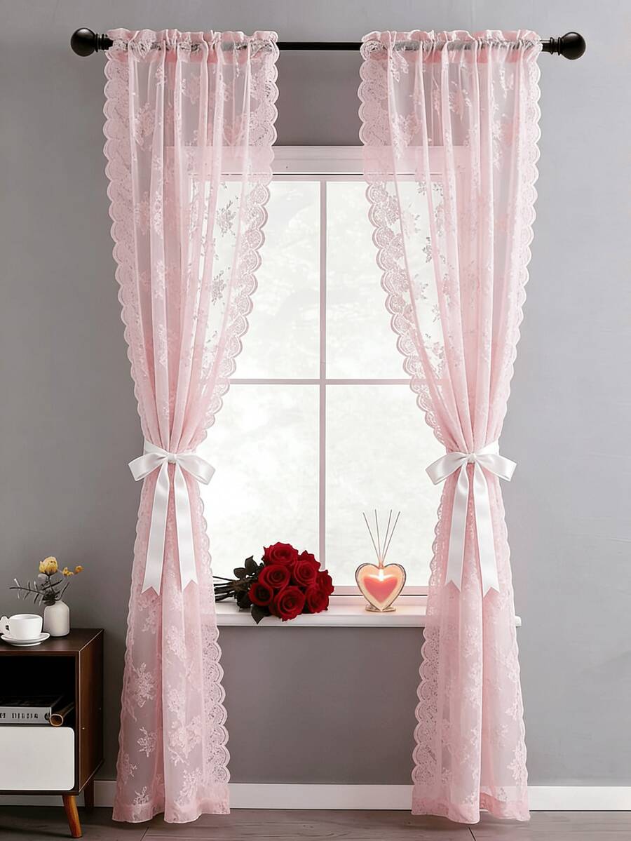 1 pieza Cortina romántica de unicolor con doble volante de encaje transparente, adecuada para dormitorio, sala de estar, balcón, decoración de jardín al aire libre, decoración del hogar diaria - Multicolor - Ver 1