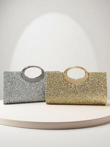 晚会焦点：银色亮片晚宴包，搭配金属环手柄，闪耀优雅，为您的派对造型增添光彩 - 銀色 - 查看 2