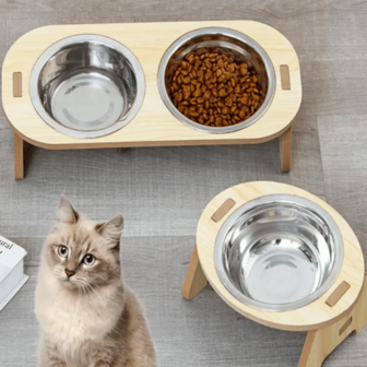 2-In-1 Cat And Dog Feeding Bowls Anti-Tip Bowls Stainless Steel Pet Bowls With Wooden Supports Neck Protection Design