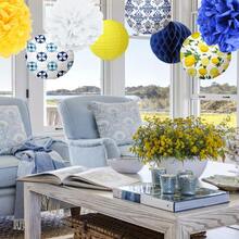 Zestaw 18 lampionów papierowych, wiszące lampiony Capri Lemon z niebieskimi, żółtymi i białymi wachlarzami z papieru o strukturze plastra miodu, letnia dekoracja w stylu śródziemnomorskim na przyjęcie urodzinowe, wesele, ukończenie szkoły - Wielokolorowe - Zobacz 3