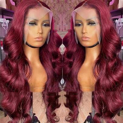 34英寸 13x4 高清 99j 酒红色水波纹蕾丝前假发，真人发混纺，200% 密度，水波纹蕾丝前假发，13x4 高清透明水波纹蕾丝前假发，适合日常佩戴，预先拔毛、预先修剪，自然发际线带婴儿发。