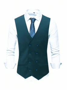 I FineLong European And American Style Men's Solid Color Long Sleeve Jacket, Double-Breasted Vest And Pants, Light Business Suit Set - Green - View 3