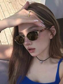 1pc Women's Gold Metal Frame Leopard Print Leg Full Frame Retro Fashion Glasses, Suitable For Vacation, Street Style - Multicolor - View 4