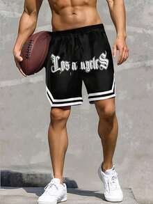 男士夏季时尚透气休闲字母印花抽绳腰篮球短裤，宽松版型 - 黑色 - 查看 10