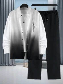 Men's Autumn And Winter Set, "Faith"-Themed Gradient Decoration, Black-White Minimalist Fashion Style, Comfortable And Neat, Suitable For Daily Leisure And Mature-Casual Outfits - 黑色 - 查看 1