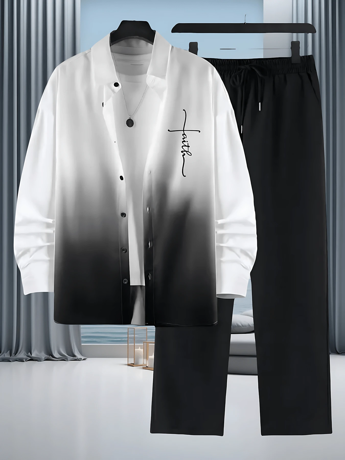 Men's Autumn And Winter Set, "Faith"-Themed Gradient Decoration, Black-White Minimalist Fashion Style, Comfortable And Neat, Suitable For Daily Leisure And Mature-Casual Outfits - 黑色 - 查看 1