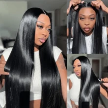 13x4 Lace Front Human Blended Hair Wig For - 200 Density Straight Glueless Wig Pre Plucked With Baby Hair Natural Color 34 Inch Natural Hairline Daily Wear - Natural & Black - View 7
