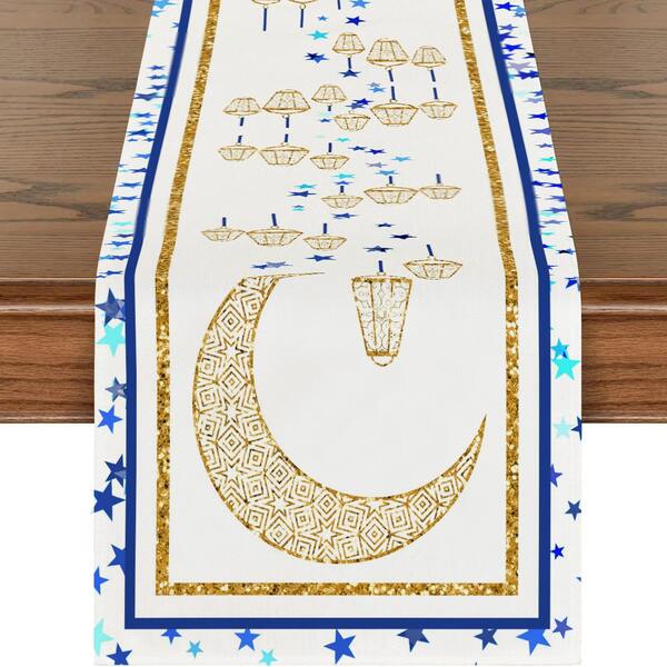 Trilho de Mesa de Linho para o Ramadã, Toalha de Mesa Feliz Eid, Toalha de Mesa Eid Mubarak com Desenho de Estrela Dourada e Lua, Decoração de Reunião Islâmica Muçulmana, Decoração do Ramadã e Eid, Decoração Doméstica do Ramadã, Decoração de Mesa do Eid Al-Fitr, Decoração de Cozinha, Presentes do Ramadã