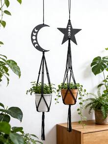 1个/2个黑色月亮星星装饰编织悬挂式花盆篮，波西米亚风格悬挂式花盆架，室内外植物篮，星空主题壁挂式花盆，手工编织植物架，卧室、客厅、阳台装饰悬挂式花盆，波西米亚风格家居装饰，送给植物爱好者和波西米亚风爱好者的礼物 - 彩色 - 查看 3
