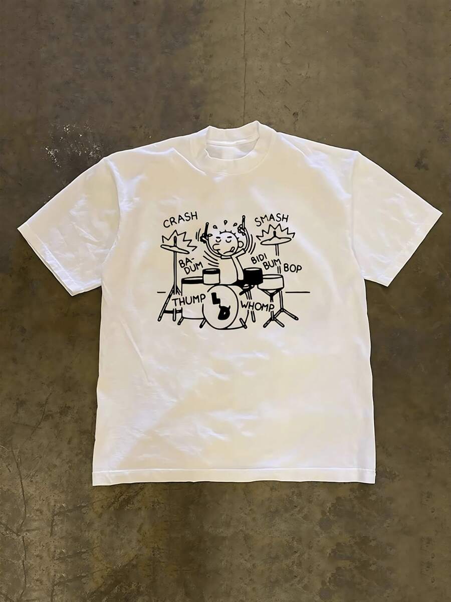 Camiseta de algodón puro para hombre con estampado divertido de batería y diseño original, ideal para un estilo casual y moderno. ¡Comodidad y estilo en una sola prenda! Perfecta para regalar o lucir un look único y desenfadado. Suave al tacto y transpirable, ideal para el uso diario. ¡Exprésate con esta camiseta única y original! - Blanco - Ver 1