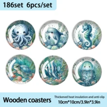 Cute Marine Life Themed Watercolor Style Round Coasters, Usually Featuring "Anthropomorphized Creatures + Scenic Elements" As The Core, Other Common Themes Include Forest, Starry Sky, Etc. Soft Texture Enhances The Healing Vibe, Serving Both Decorative And Mood-Soothing Purposes - Wooden Board-circle Coaster - View 8