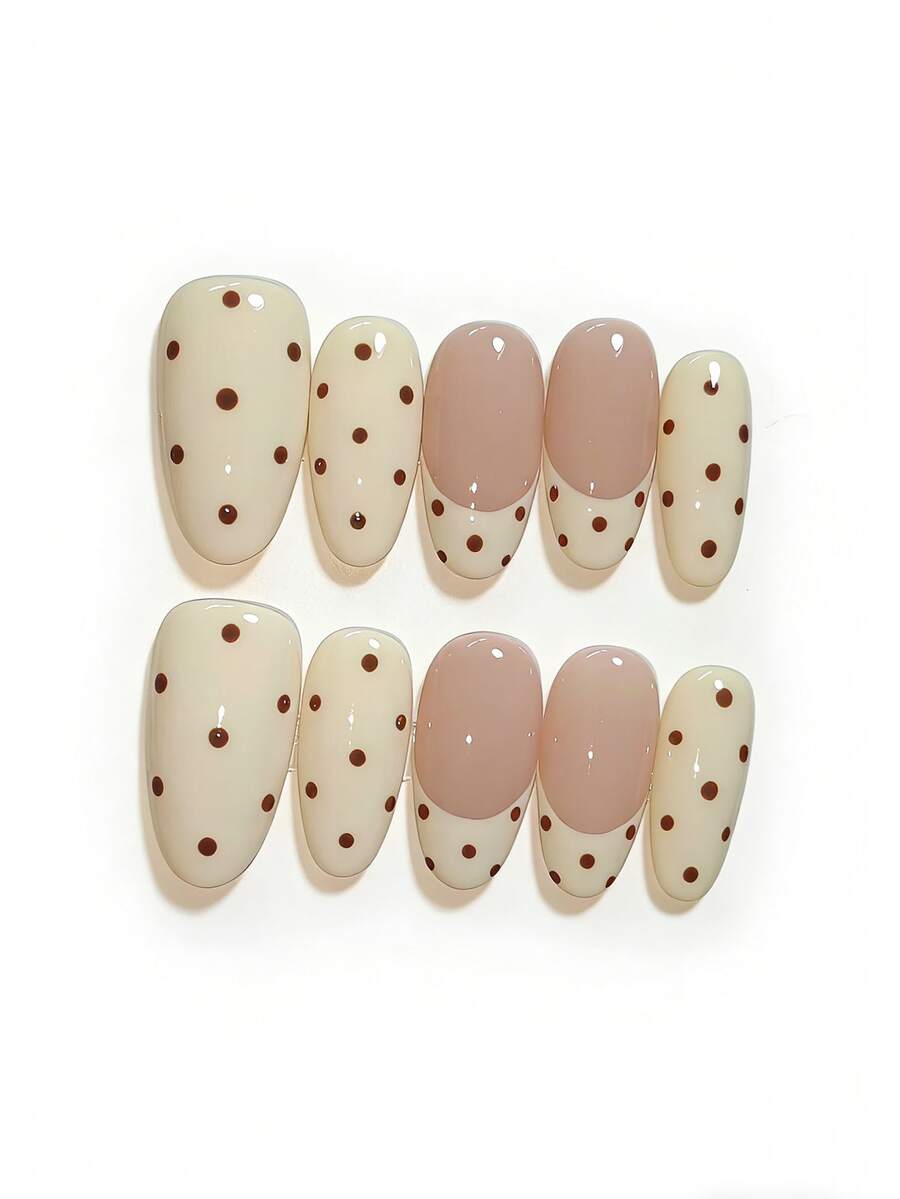 10片纯手工制作的长椭圆形美甲贴片，米色纯色，带波点，可爱法式Y2K风格，柔和闪亮，优雅，适合女性和女孩，春夏秋冬，节日和日常生活美甲用品 - 米色 - 查看 1