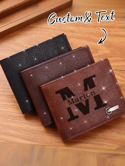 1pc Personalized Initial Wallet, Customized Name Faux Leather Men's Wallet, Gift For Husband, Boyfriend, Father, Son, Family, Groom, Partner, Friend, Birthday, Anniversary, Father's Day, Christmas, Casual Style, Bifold Horizontal Design