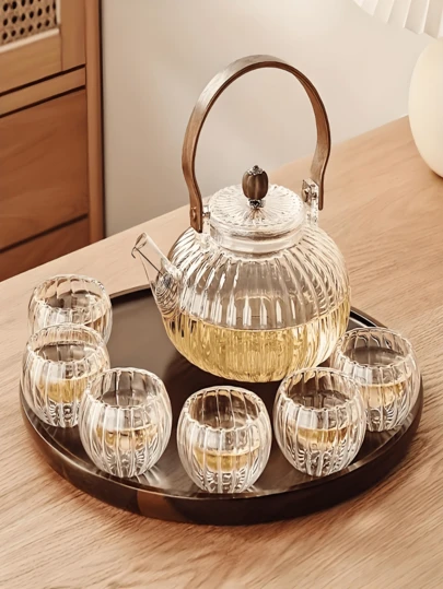 条纹花瓣柄玻璃茶壶套装，带盖带柄，优雅双层茶壶套装，耐热，时尚优雅，大容量，易于清洗，适合聚会、居家、办公、野餐、爱茶人士、户外活动、冲泡花草茶（款式随机）