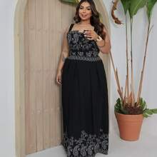 Plus Size Long Dress (G3) In Premium Viscose, Lined, With Wide Straps, Elegant Printed Design For Parties, Beach, Summer, Evangelical Fashion, And Everyday Wear - 黑色 - 查看 2