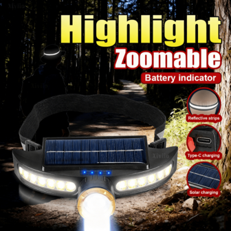 Linterna frontal de pesca recargable con LED súper brillante + COB, con pantalla eléctrica inteligente y variedad de modos de iluminación, faro solar