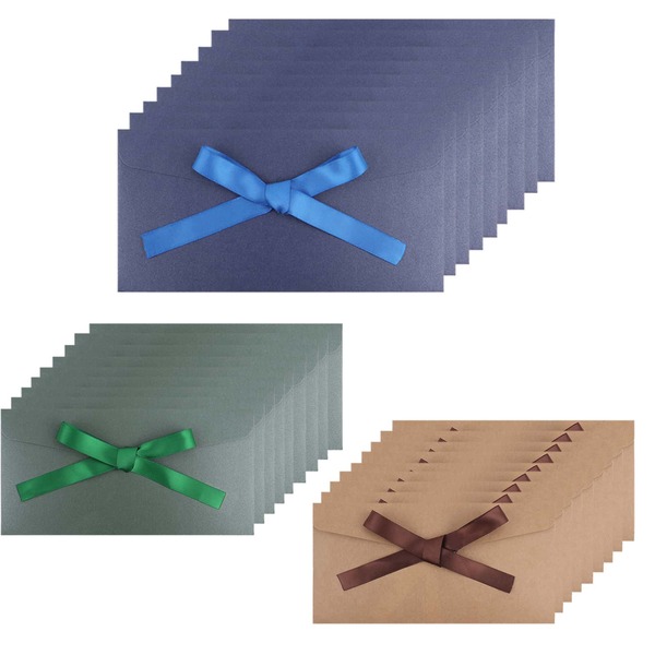 30 piezas Tarjetas con lazos de cinta de colores y sobres, Serie de tarjetas verdes y azules de 3 colores, Sobres de invitación de 8 X 4 pulgadas, Adecuado para tarjetas, postales, regalos, etc.