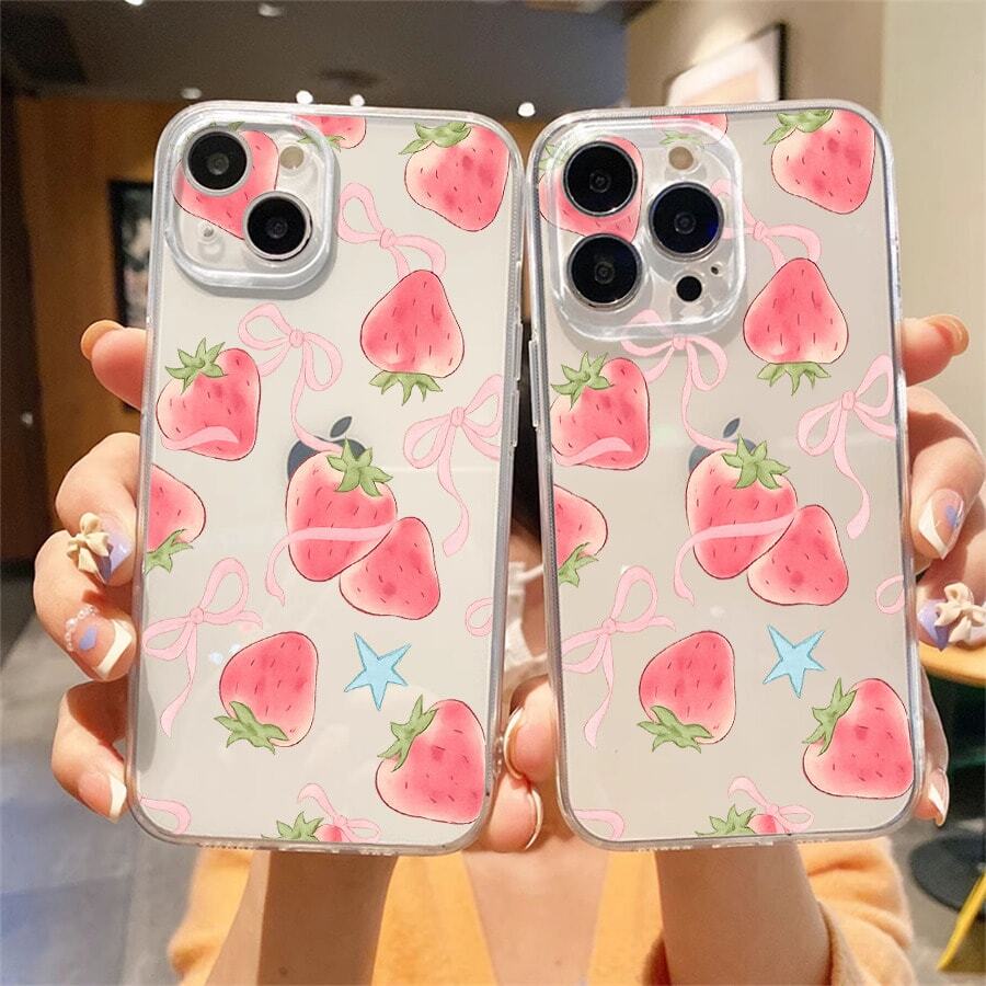 Esta funda Lazo de fresa compatible con los 16E/15/14/13/12/11/Pro/Plus/Pro Max/Mini de Apple, así como con los Galaxy S/A/M/Note, S/G/EDGE/E, Honor 400/MAGIC/X, OPPO RNO/A/F, 14/Redmi/POCO/Note. Transparente, sencilla, elegante y duradera, está hecha de TPU. Es ideal para diversas ocasiones festivas como San Valentín, Halloween, Navidad y Año Nuevo, ideal para uso personal o como regalo. - transparente - Ver 1
