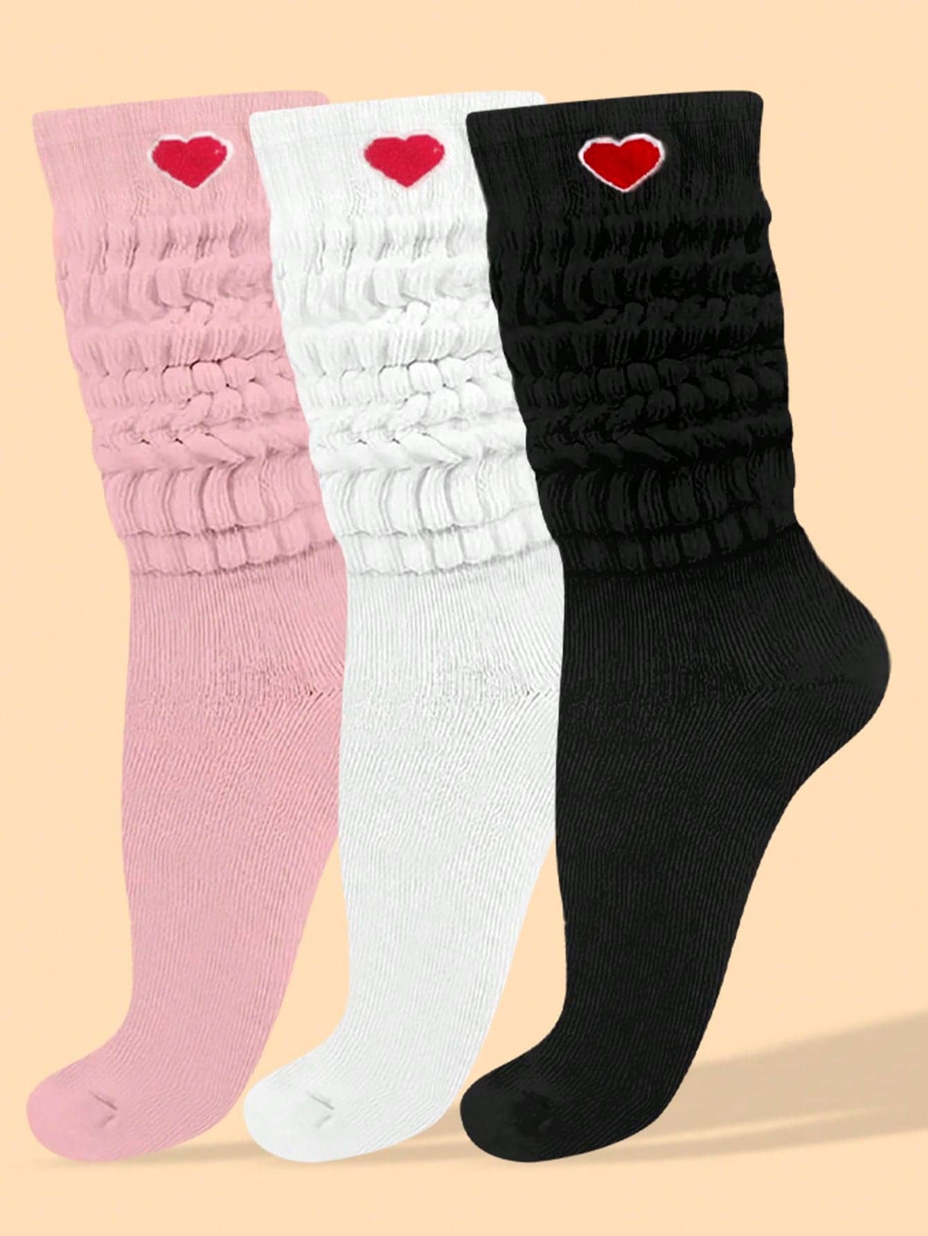 3 Pairs Cute Ruffled Heart Knee-High Socks (Pink/White/'s Casual Socks Valentine's Day Gift - Multicolor - View 1