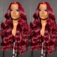 34英寸 13x4 高清 99j 酒红色水波纹蕾丝前假发，真人发混纺，200% 密度，水波纹蕾丝前假发，13x4 高清透明水波纹蕾丝前假发，适合日常佩戴，预先拔毛、预先修剪，自然发际线带婴儿发。 - SBUG - 查看 3