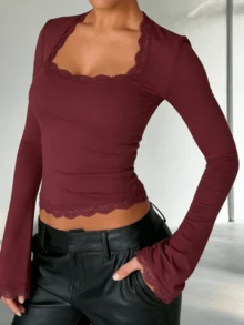Women's Y2K Lace Trim T Shirt Top Blouses Long Flare Sleeve Square Neck Low Cut Slim Fit Tee Shirt Crop Tops Spring Fall Casual Daily Going Out Tops Aesthetic Clothes Party Club Streetwear - Màu Đỏ Sâu - Xem 2