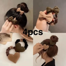 4pcs Cute Heart Flocked Bow Hair Scrunchies, Suitable For Hair Accessories, Ponytail, Hair Ties, Hair Bands - Camel - View 1