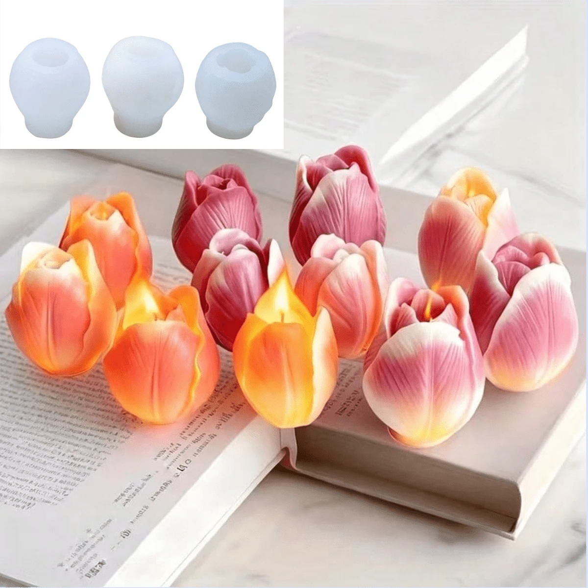 Set de 3 moldes de silicona con diseño de tulipán 3D - Moldes para hacer velas, jabones, arcilla de resina, moldes de yeso para decoración del hogar, excelente para regalos de cumpleaños, San Valentín, Día de la Madre, Navidad, bodas, suministros para hacer velas - Blanco - Ver 1