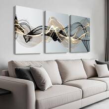 3pcs Set Modern Abstract Black And Gold Canvas Wall Art, Choice Of Unframed Or Stretched Framed Style, Elegant Minimalist Posters For Living Room And Office, Ready To Hang Gold Line Decor (Multiple Options Available) - Black Gold - View 10