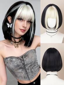 Bob Wigs Short Straight Black Wig With Bangs, High Density Shiny Silver White Synthetic Wigs For Women, Suitable For Daily Wear, Parties, Halloween Costumes - Multicolor - View 11
