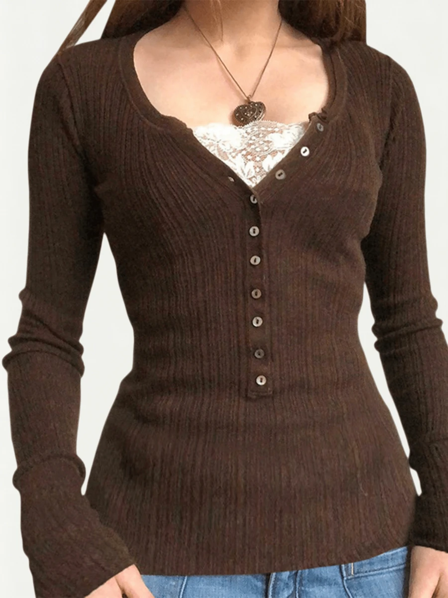 Women's Y2k Long Sleeve Henley Shirts Ribbed Knit Button Down Tops Lace Patchwork V Neck Slim Fit T-Shirts Fairy Grunge Vintage Going Out Tees Streetwear Girl Coquette Aesthetic Clothes - 棕色 - 查看 1