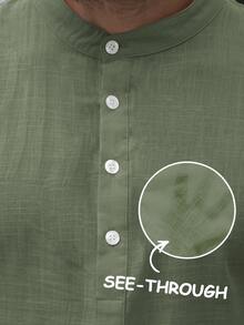 男士纯色休闲衬衫，轻薄透气，适合夏季度假、日常通勤和秋季穿着，长袖上衣 - 軍綠色 - 查看 5