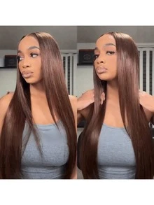 200% 密度棕色 #4 色 13X4 5X5 高清蕾丝前假发，直发蕾丝前假发，巴西 Remy 混发蕾丝前假发，13X4 全蕾丝发际线，预拔毛蕾丝假发，带婴儿发，耳到耳瑞士高清蕾丝，打造自然外观 - 棕色 - 查看 4