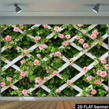 2D平面单件花卉花园背景横幅 - 白色格子图案配粉色玫瑰设计，适合所有季节装饰，易于悬挂，室内外均可使用，非常适合房间、派对、庭院等场所。 - 綠色 - 查看 5