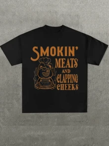 Plus Size Men's,Old Rows Smokin' Meats And Clapping Cheeks Funny Pig Chef ,(1 Pcs )100% Cotton Casual Printed T-Shirt,Crew Neck Short Sleeve,220g  Cotton T-Shirt,For Going Out - 黑色 - 查看 1