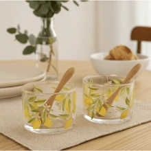Set Of 2 Sicilian Lemon Glass Sauce Bowls + 2 Bamboo Spoons C954 - 彩色 - 查看 3