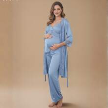 BabyDoll Nursing Pajama Set With Long Pants And Top With Click Closure + Lace Robe - Baby Blue - View 1