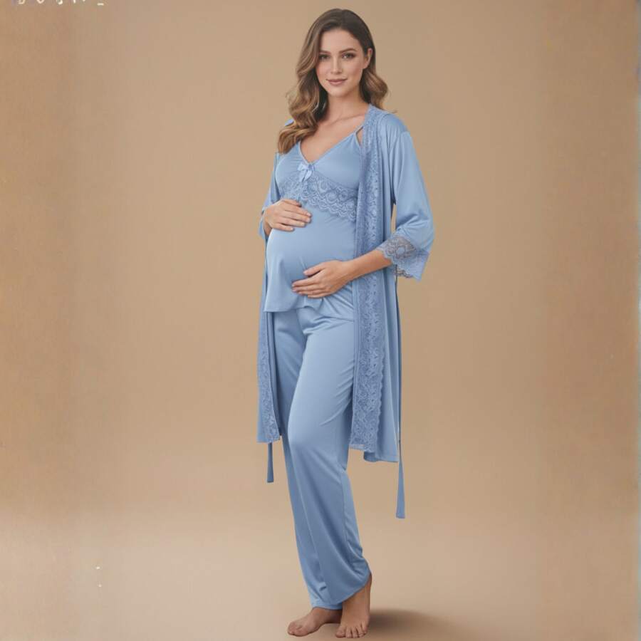 BabyDoll Nursing Pajama Set With Long Pants And Top With Click Closure + Lace Robe - Baby Blue - View 1