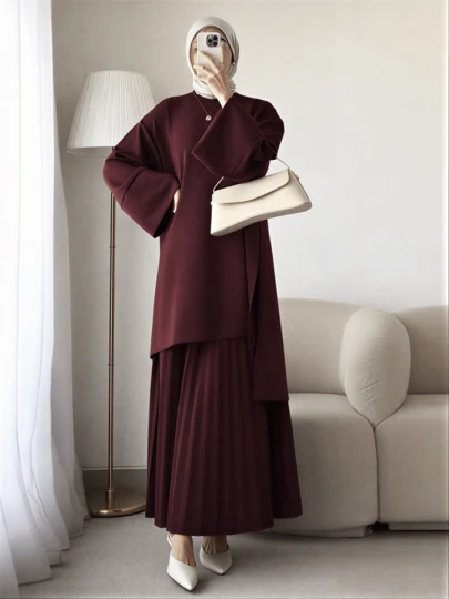 Solid Color Elegant Casual Pleated Button Formal Evening Long Sleeve Top And Pleated Skirt Conservative Suit