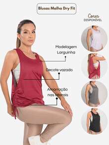 Blusas Fitness Feminina Dry Fit Regata Cavada Detalhe Lateral Recorte Oval - Preto - Visão 10