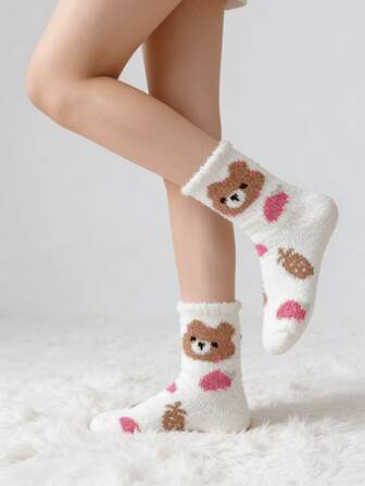 1/7 Pairs Autumn/Winter Coral Thermal Lined Cute Strawberry Bear Warm Crew Socks