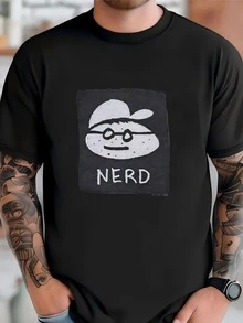 Mens Vintage 80s Nerd Art Print Spellout Crewneck Sweatshirt L Size T-shirt - Negro - Ver 1