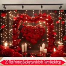 1件情人节背景布，玫瑰心形拱门和蜡烛背景图案，涤纶面料，适用于情人节派对、生日、婚礼、庭院、告白日、家居装饰和摄影用品。 - 彩色 - 查看 1