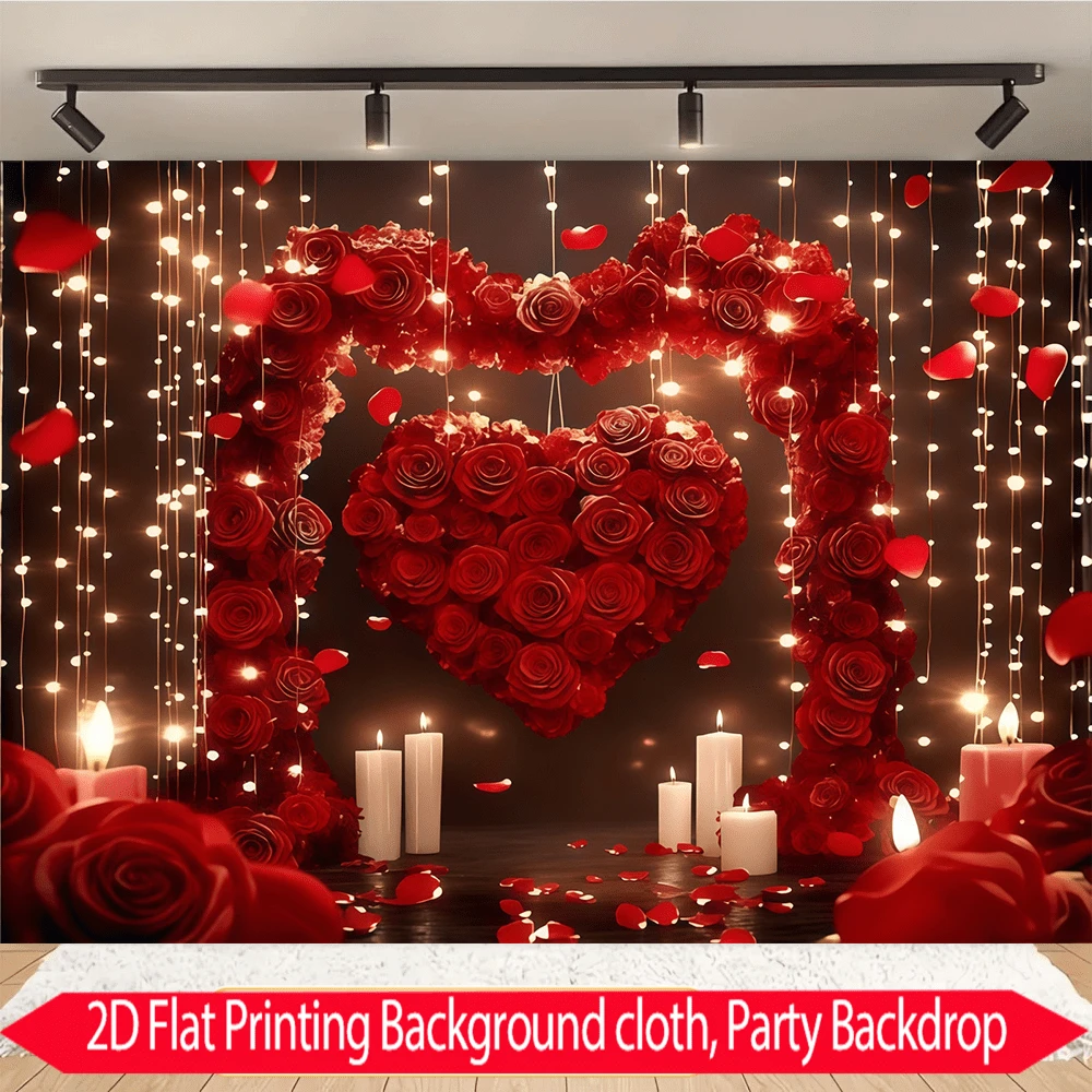 1件情人节背景布，玫瑰心形拱门和蜡烛背景图案，涤纶面料，适用于情人节派对、生日、婚礼、庭院、告白日、家居装饰和摄影用品。 - 彩色 - 查看 1