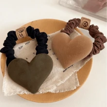 4pcs Cute Heart Flocked Bow Hair Scrunchies, Suitable For Hair Accessories, Ponytail, Hair Ties, Hair Bands - Camel - View 6