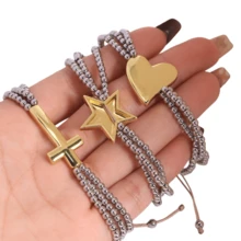1pc Gold Silver Color Round Ball Beads Braided Bracelet, Star Heart Cross Shape Bead Bracelet Handmade Jewelry - Charm Bracelet - View 5