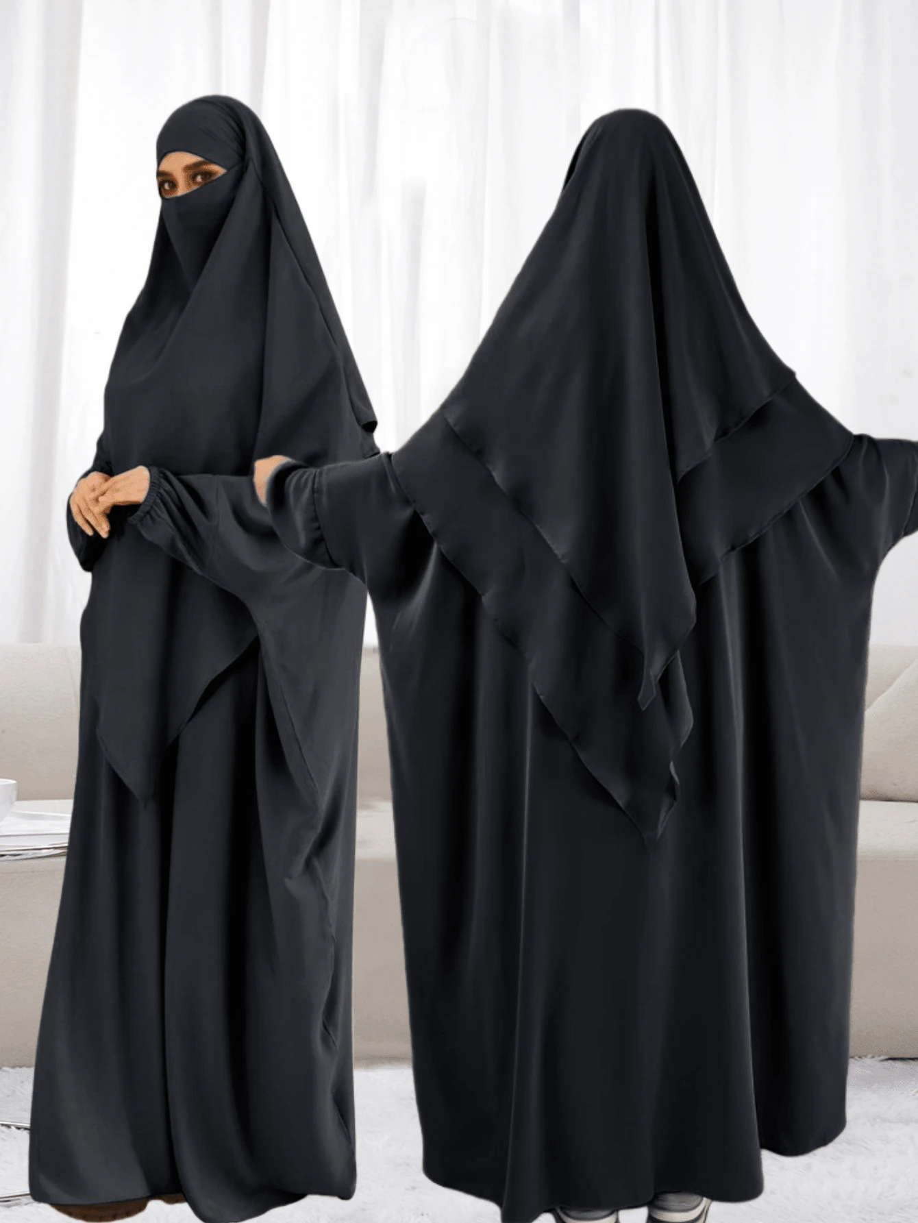 Bộ 2 món gồm khăn trùm đầu và áo choàng Abaya, áo choàng có chun ở cổ tay, vòng ngực 230cm, dài 143cm, rộng rãi và thoải mái, khăn trùm đầu dài 140cm. - Nhiều màu - Xem 1