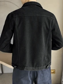 Plus Size Men's Single-Breasted Casual Denim Jacket, Versatile For Commuting - Black - View 2