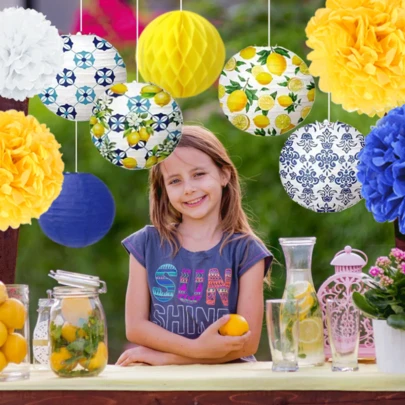 18pcs Paper Lantern Set, Capri Lemon Hanging Lanterns With Blue, Yellow, White Honeycomb Ball Paper Fans, Summer Mediterranean Decor For Birthday Party, Wedding, Graduation